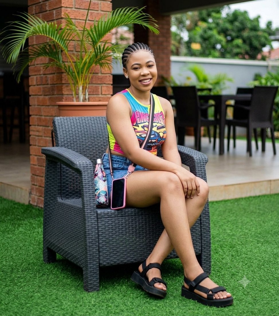outdoors on a dark grey woven wicker armchair, leaning forward