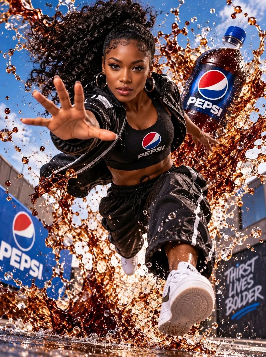 captured mid-air in a dynamic, high-energy jump, leaning forward toward